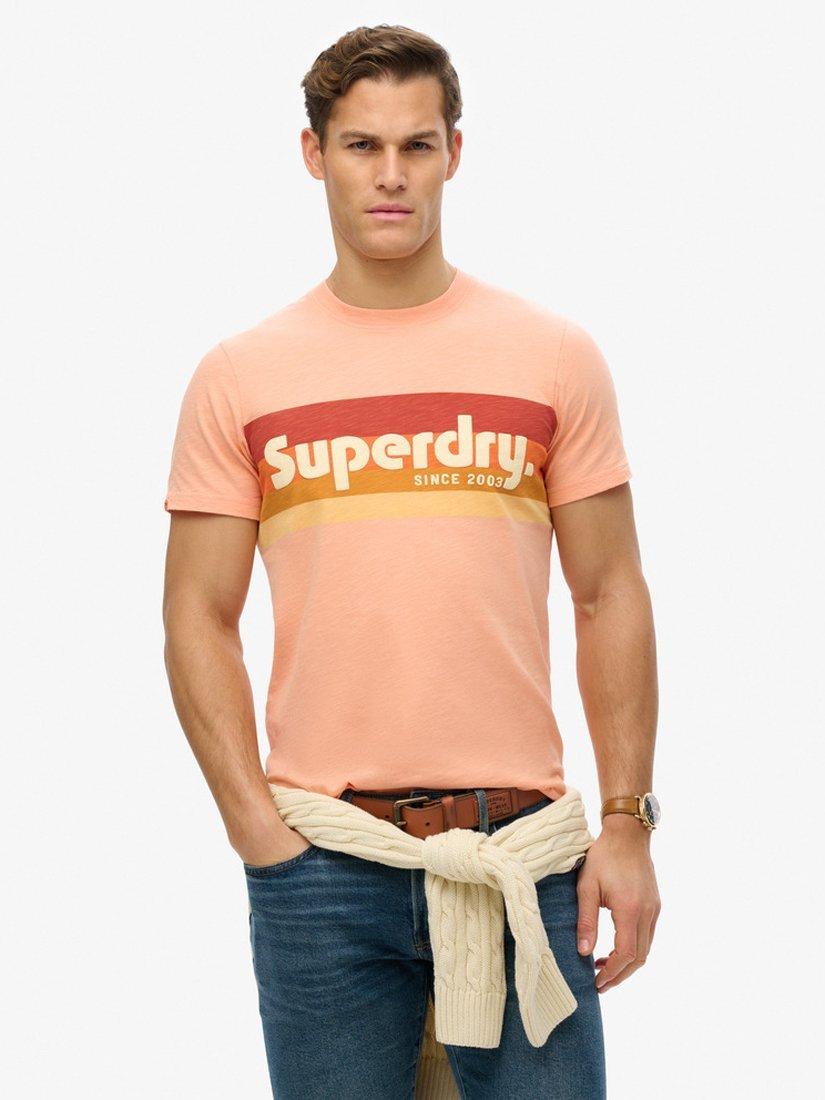 Product image 1 of 5, which shows Superdry Terrain Logo Stripe Relaxed T-Shirt, Papaya Pink Slub, S