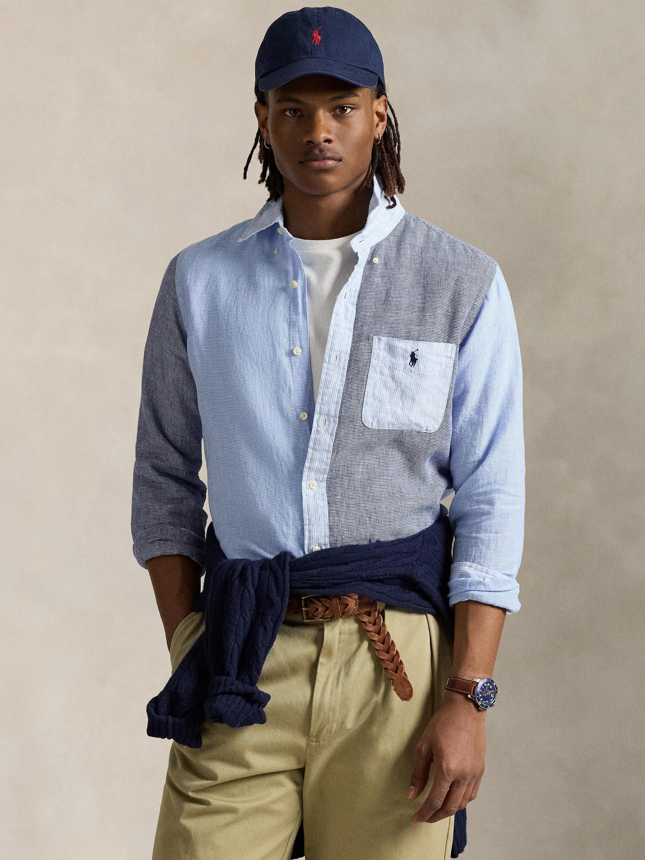 Product image 1 of 5, which shows Polo Ralph Lauren Linen Regular Fit Patch Block Shirt, 6816 Blue Fun Shirt, S