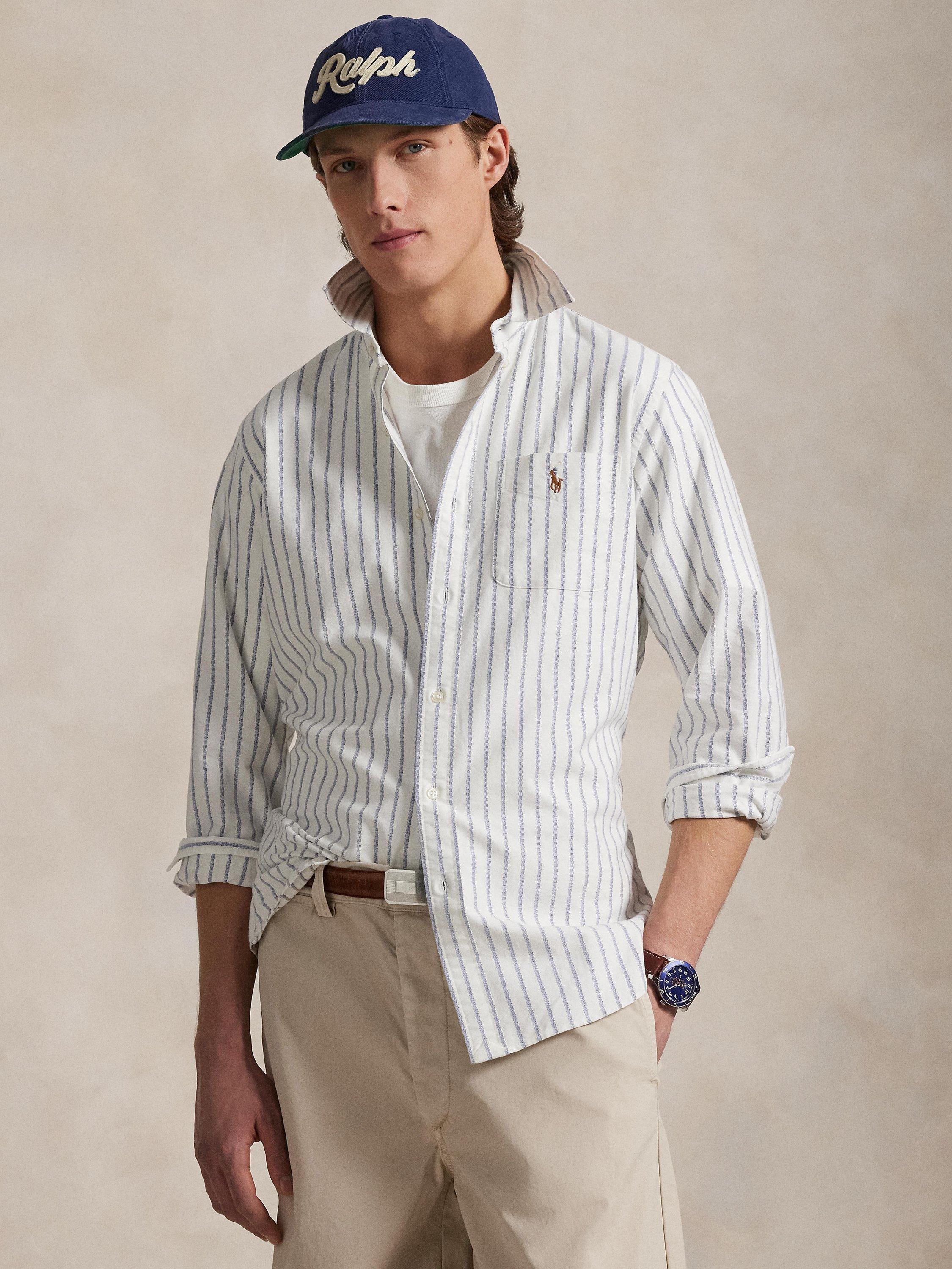 Product image 1 of 5, which shows Ralph Lauren Custom Fit Polo Pony Stripe Cotton Oxford Shirt, White/Blue/Multi, S