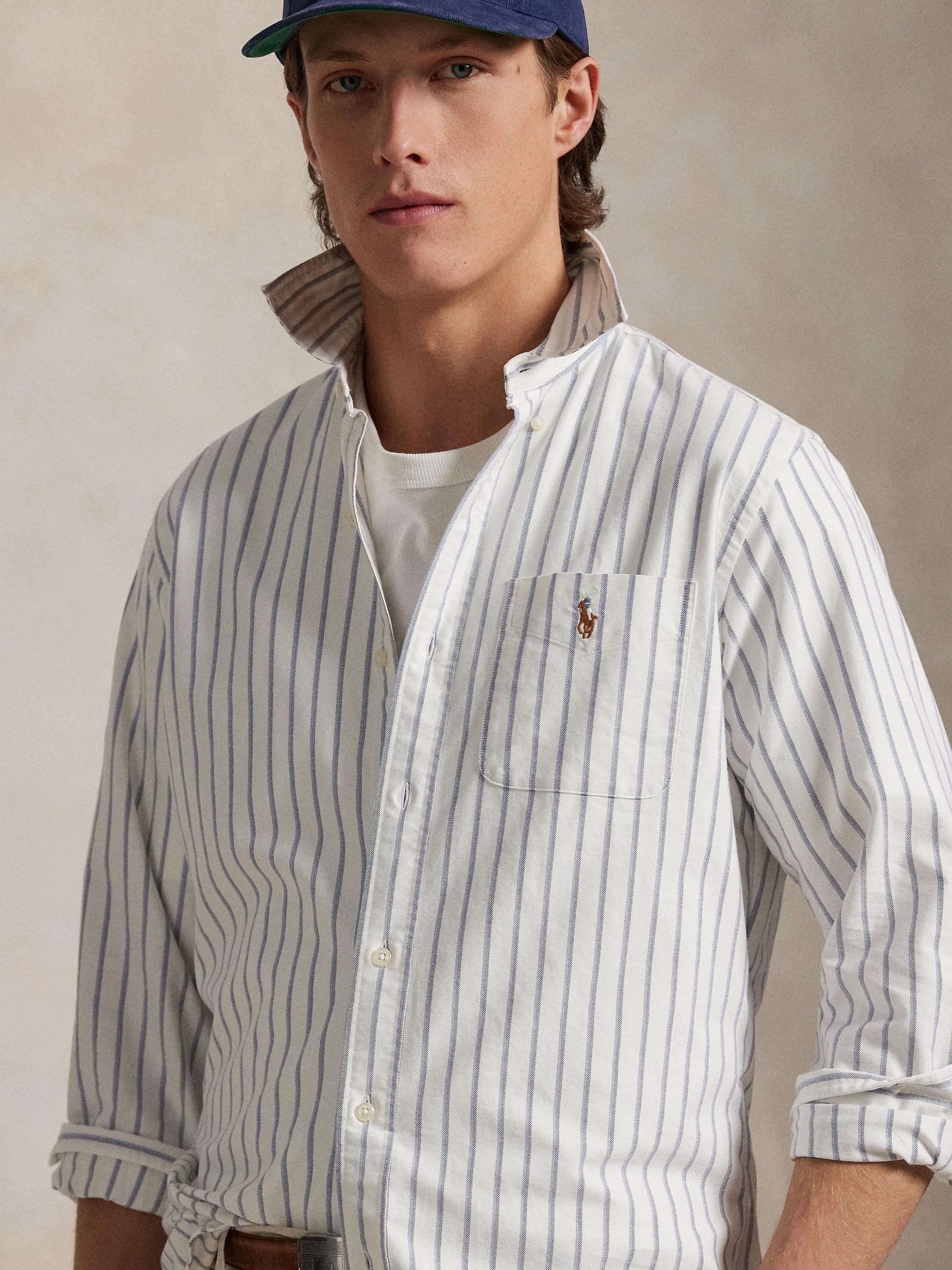 Product image 3 of 5, which shows Ralph Lauren Custom Fit Polo Pony Stripe Cotton Oxford Shirt, White/Blue/Multi, S