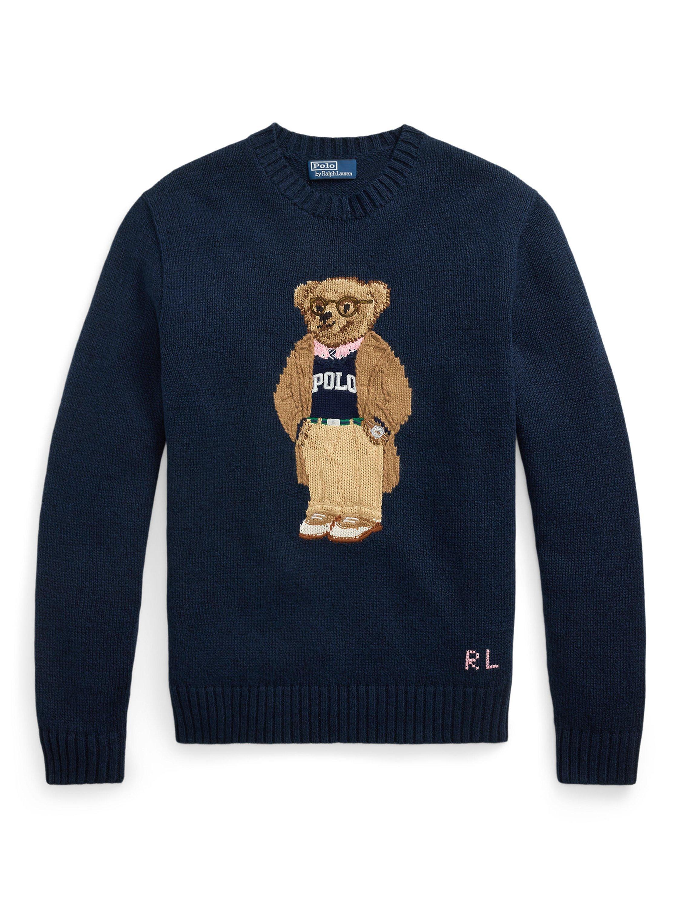 Product image 1 of 1, which shows Polo Ralph Lauren Linen Cotton Blend Polo Bear Sweater, Navy Combo, S