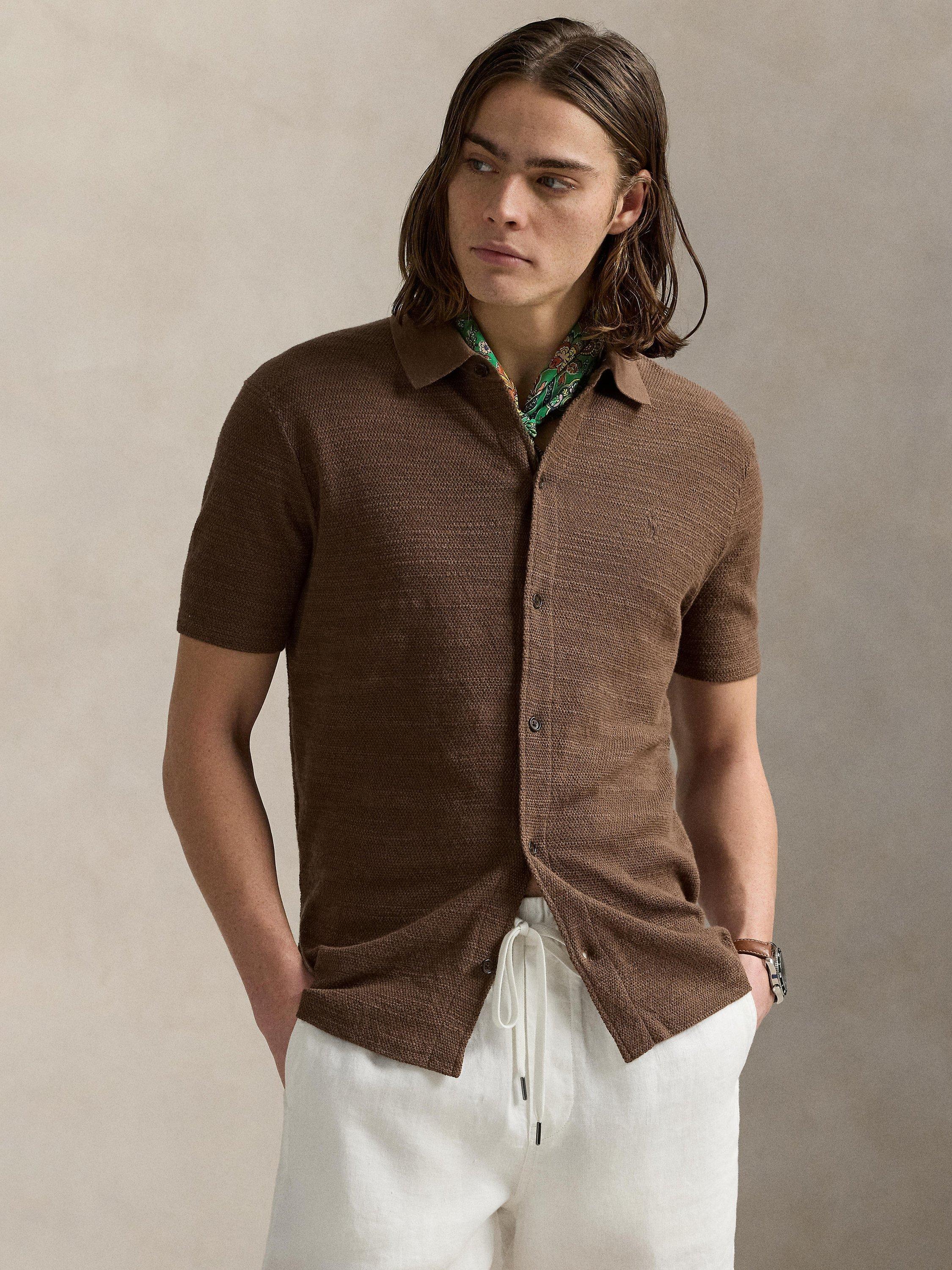 Product image 1 of 5, which shows Polo Ralph Lauren Cotton Linen Blend Regular Fit Short Sleeve Knitted Shirt, Fall Brown, S