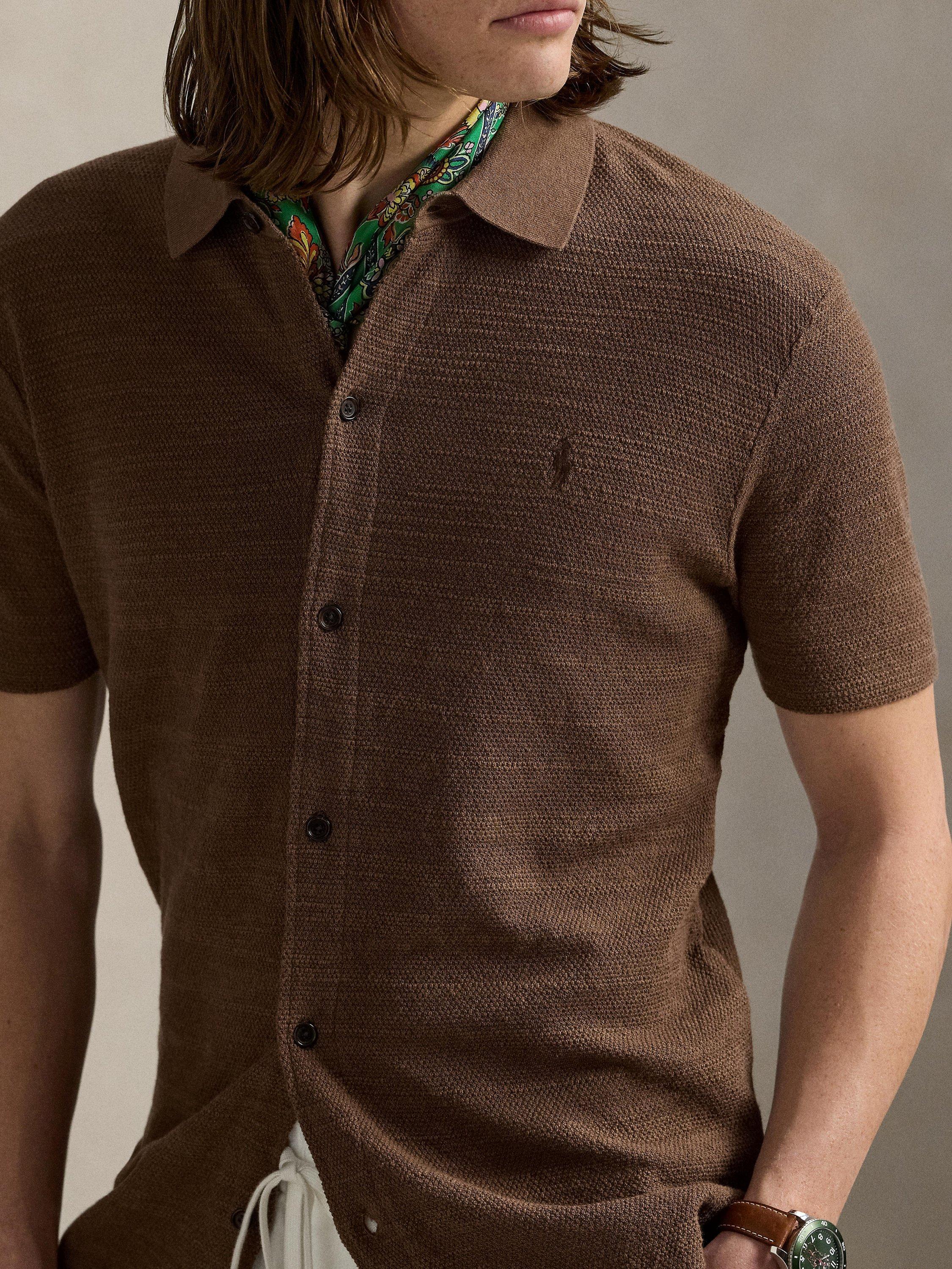 Product image 3 of 5, which shows Polo Ralph Lauren Cotton Linen Blend Regular Fit Short Sleeve Knitted Shirt, Fall Brown, S