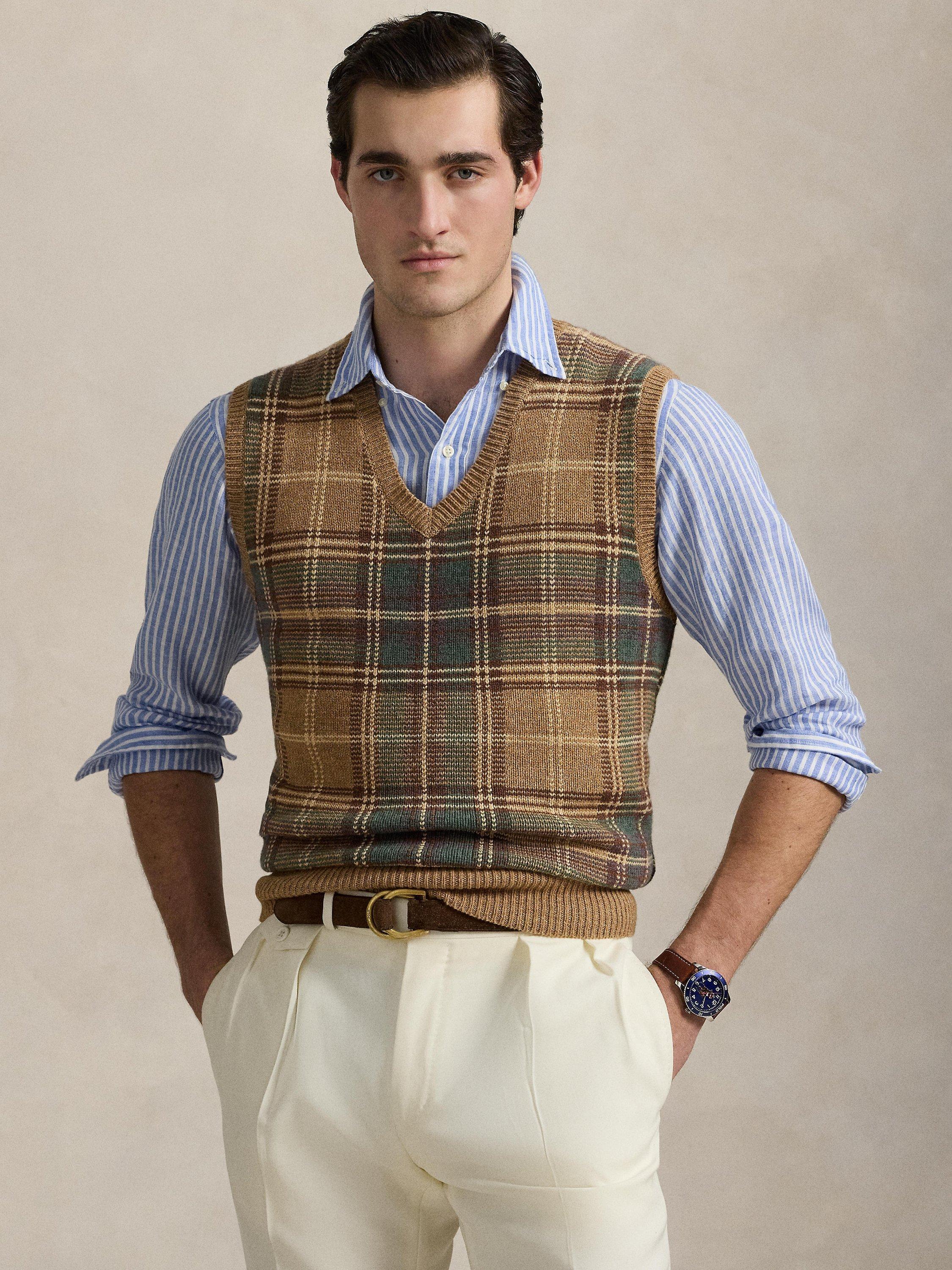 Product image 1 of 5, which shows Polo Ralph Lauren Wool Cotton Blend Plaid Check Sweater Vest, Tan Combo, S