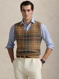 Polo Ralph Lauren Wool Cotton Blend Plaid Check Sweater Vest, Tan Combo
