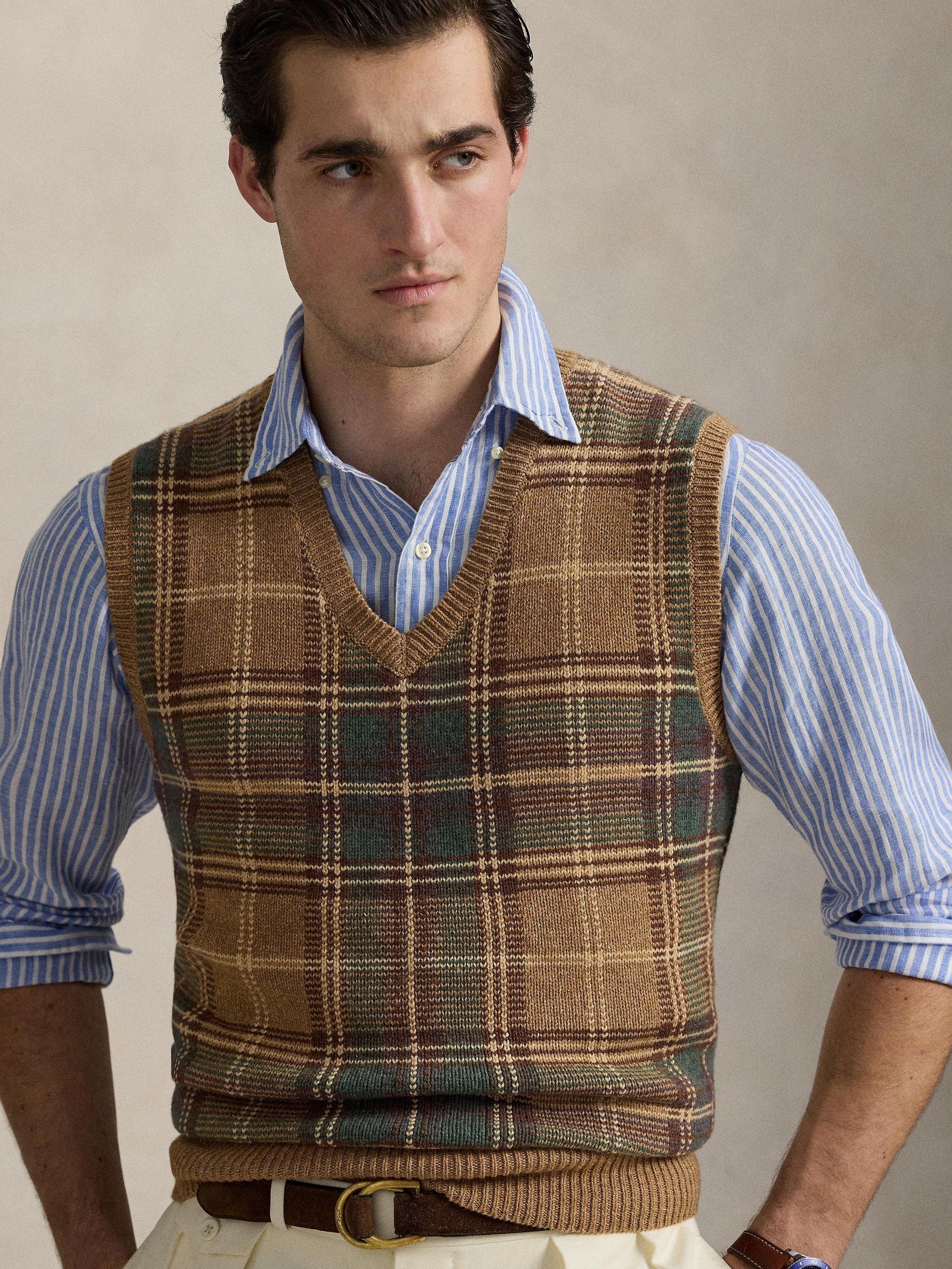 Product image 3 of 5, which shows Polo Ralph Lauren Wool Cotton Blend Plaid Check Sweater Vest, Tan Combo, S