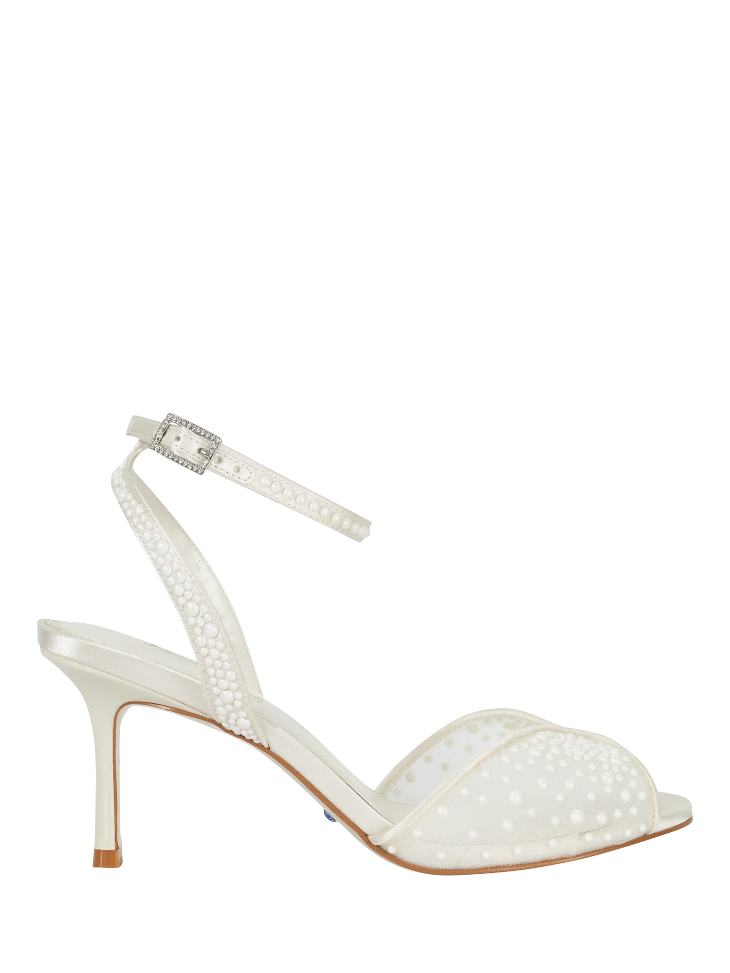 Product image 1 of 5, which shows Dune Musing Sea Pearl Mesh Heeled Sandals, Ivory, EU36