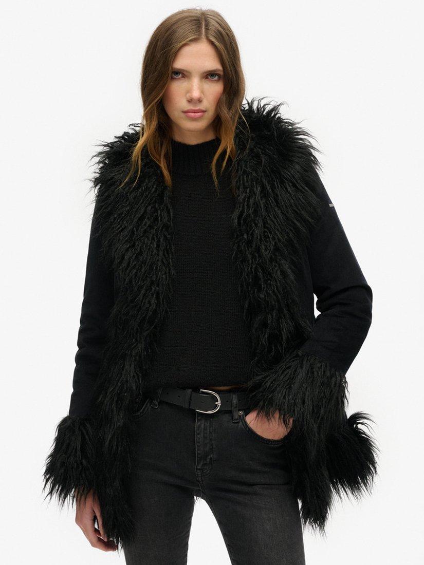 Product image 1 of 5, which shows Superdry Faux Fur Lined Afghan Coat, Black, 8
