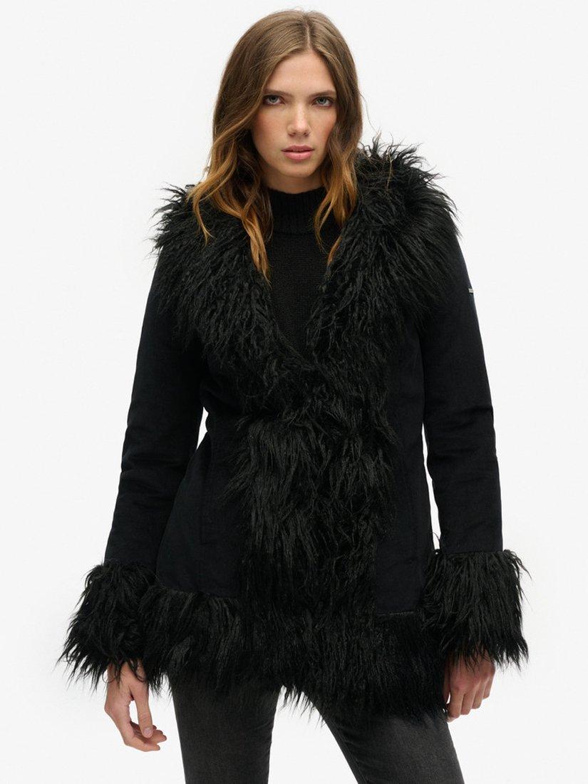 Product image 3 of 5, which shows Superdry Faux Fur Lined Afghan Coat, Black, 8