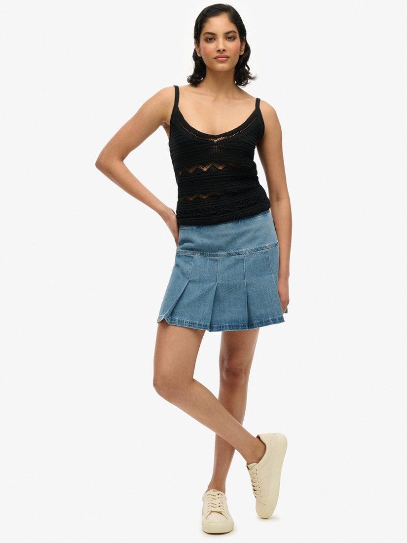 Product image 1 of 6, which shows Superdry Pleated Patched Denim Mini Skirt, Vintage Wash, 8