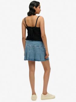 Superdry Pleated Patched Denim Mini Skirt, Vintage Wash - view 2, Vintage Wash