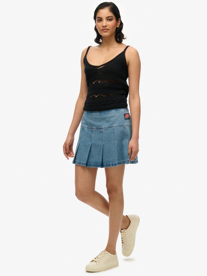Product image 3 of 6, which shows Superdry Pleated Patched Denim Mini Skirt, Vintage Wash, 8