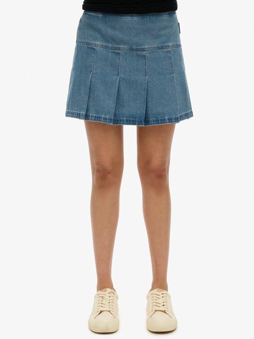 Product image 4 of 6, which shows Superdry Pleated Patched Denim Mini Skirt, Vintage Wash, 8