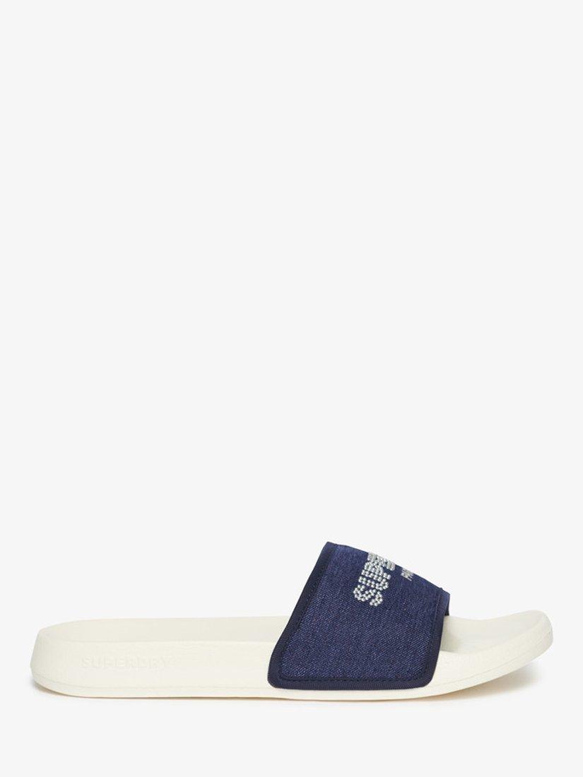 Superdry Rhinestone Logo Luxe Pool Sliders, Off White