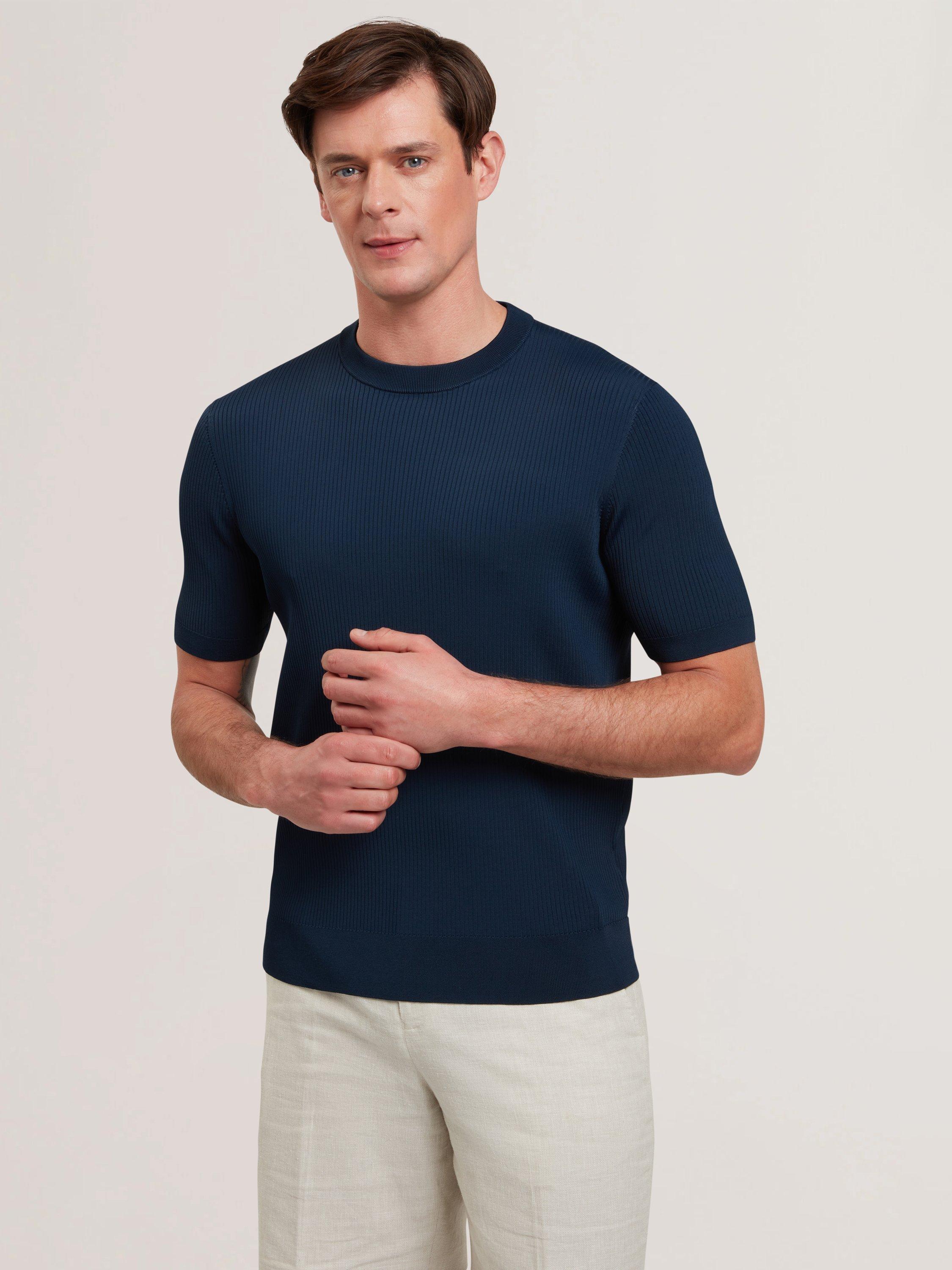 Product image 1 of 6, which shows Ted Baker Tarit Regular Fit Short Sleeve Knitted Rayon T-Shirt, Navy, XS