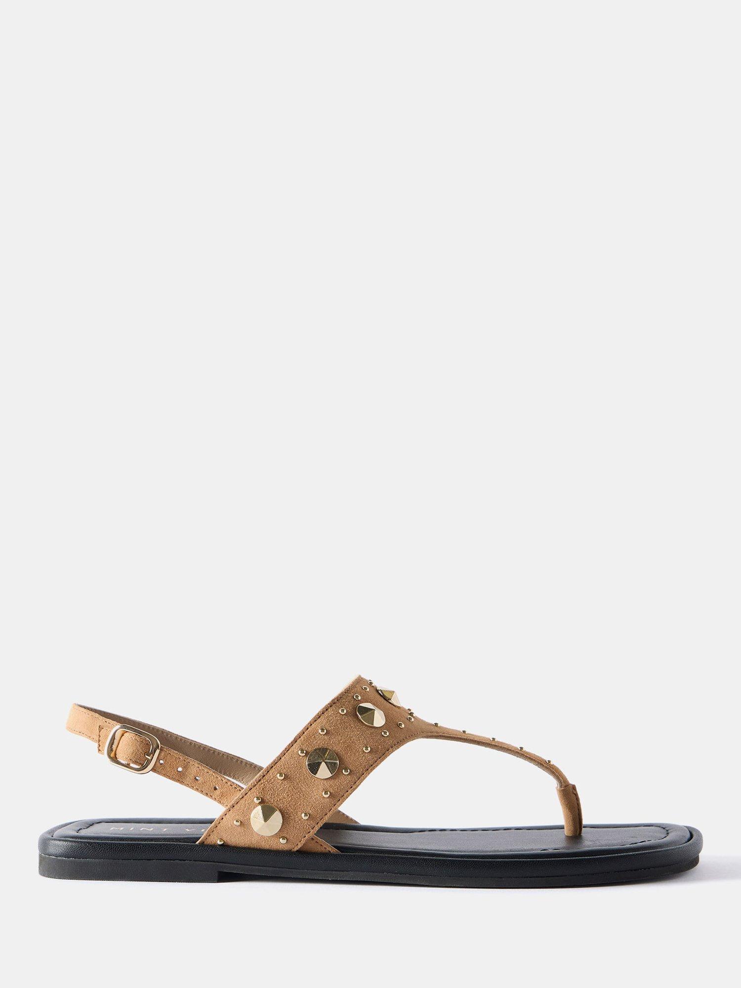 Product image 1 of 4, which shows Mint Velvet Leather Studded Slingback Flat Sandals, Tan, 3