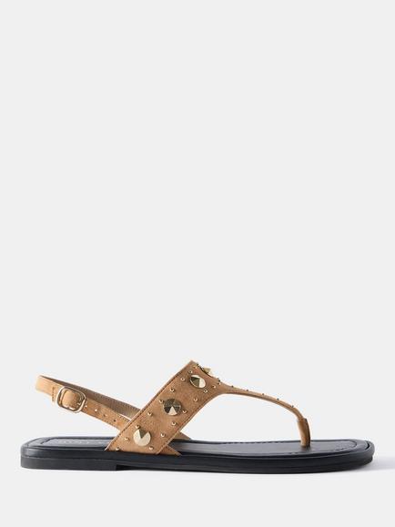 Mint Velvet Leather Studded Slingback Flat Sandals, Tan