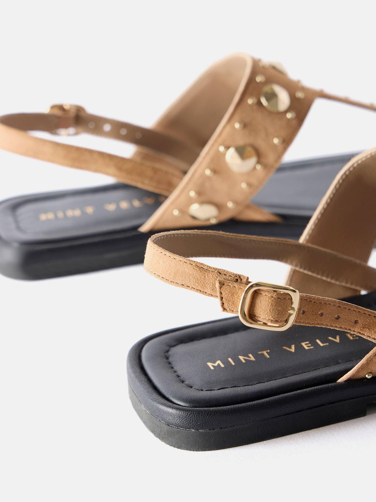 Product image 4 of 4, which shows Mint Velvet Leather Studded Slingback Flat Sandals, Tan, 3