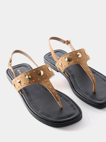 Mint Velvet Leather Studded Slingback Flat Sandals - view 2, Tan