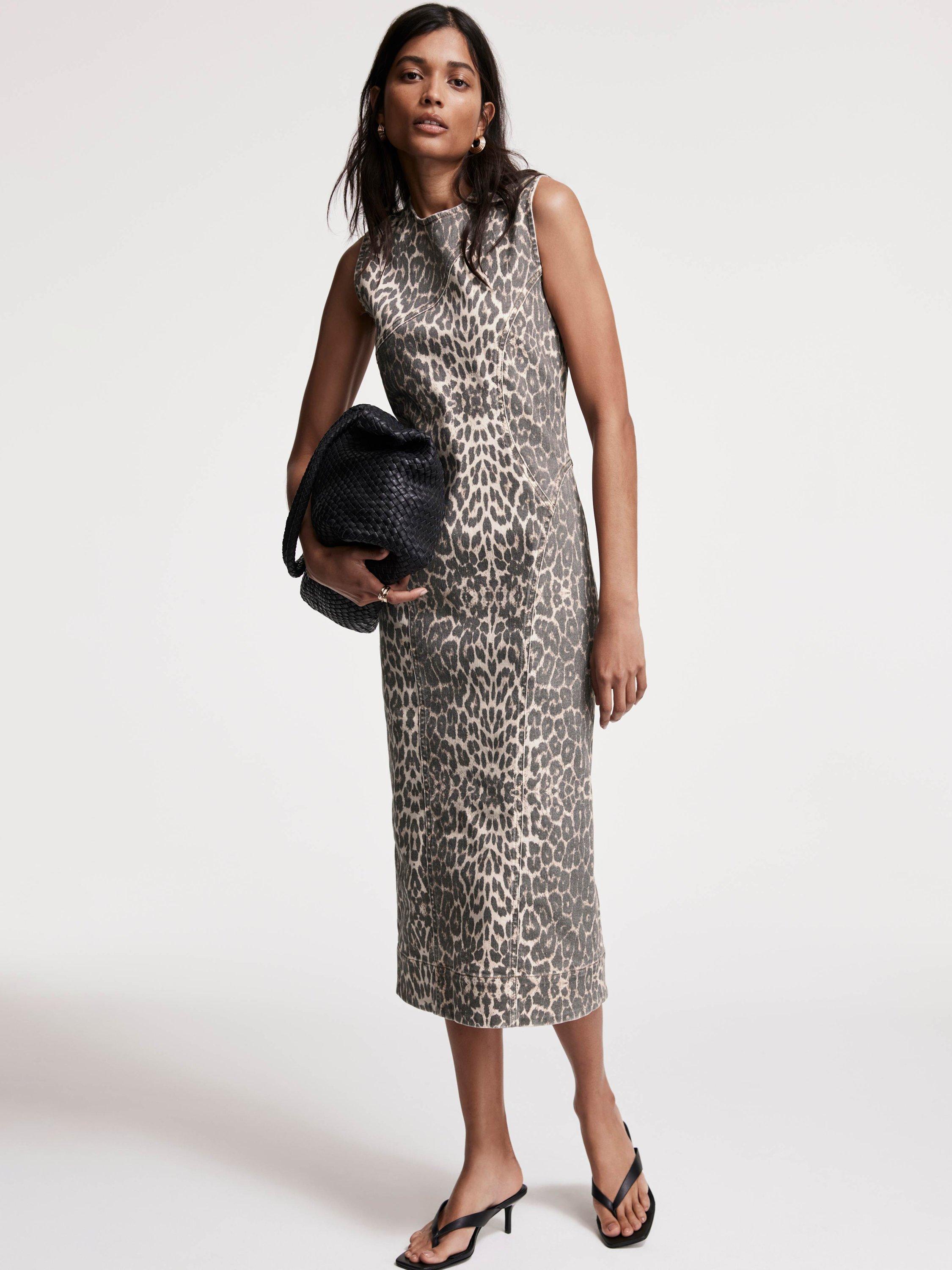 Product image 1 of 8, which shows Mint Velvet Leopard Print Denim Column Dress, Natural/Multi, 6