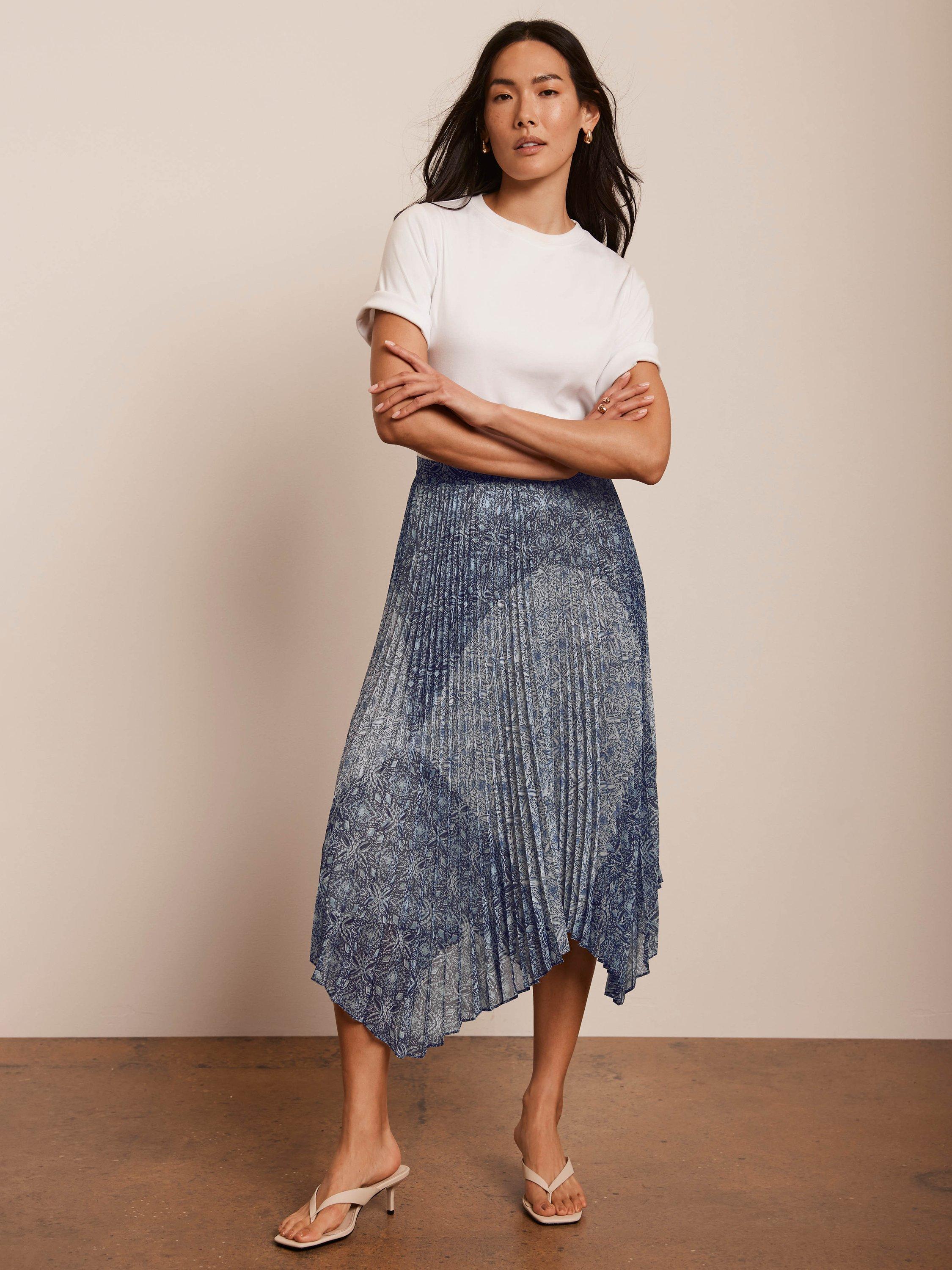Mint Velvet Geometric Pleated Midi Skirt, Blue/Multi