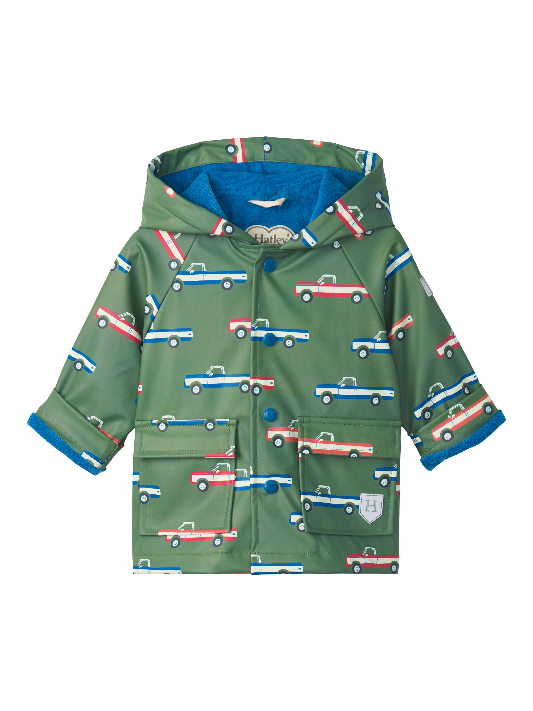 Product image 2 of 3, which shows Hatley Kids' Truck Print Waterproof Hooded Rain Jacket, Comfrey, 6 years