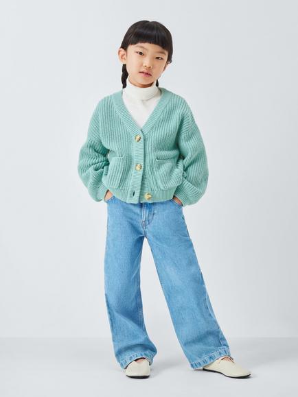 John Lewis Kids' Stitch Knit V-Neck Cardigan, Green - view 2, Green