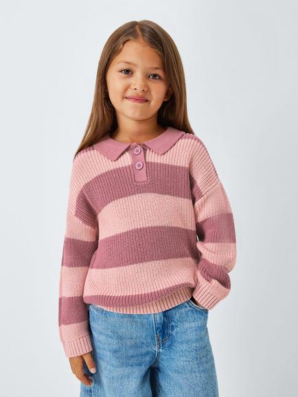 John Lewis Kids' Collar Stripe Jumper, Pink Stripe, Pink Stripe