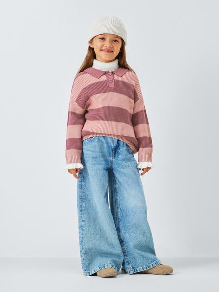John Lewis Kids' Collar Stripe Jumper, Pink Stripe - view 2, Pink Stripe