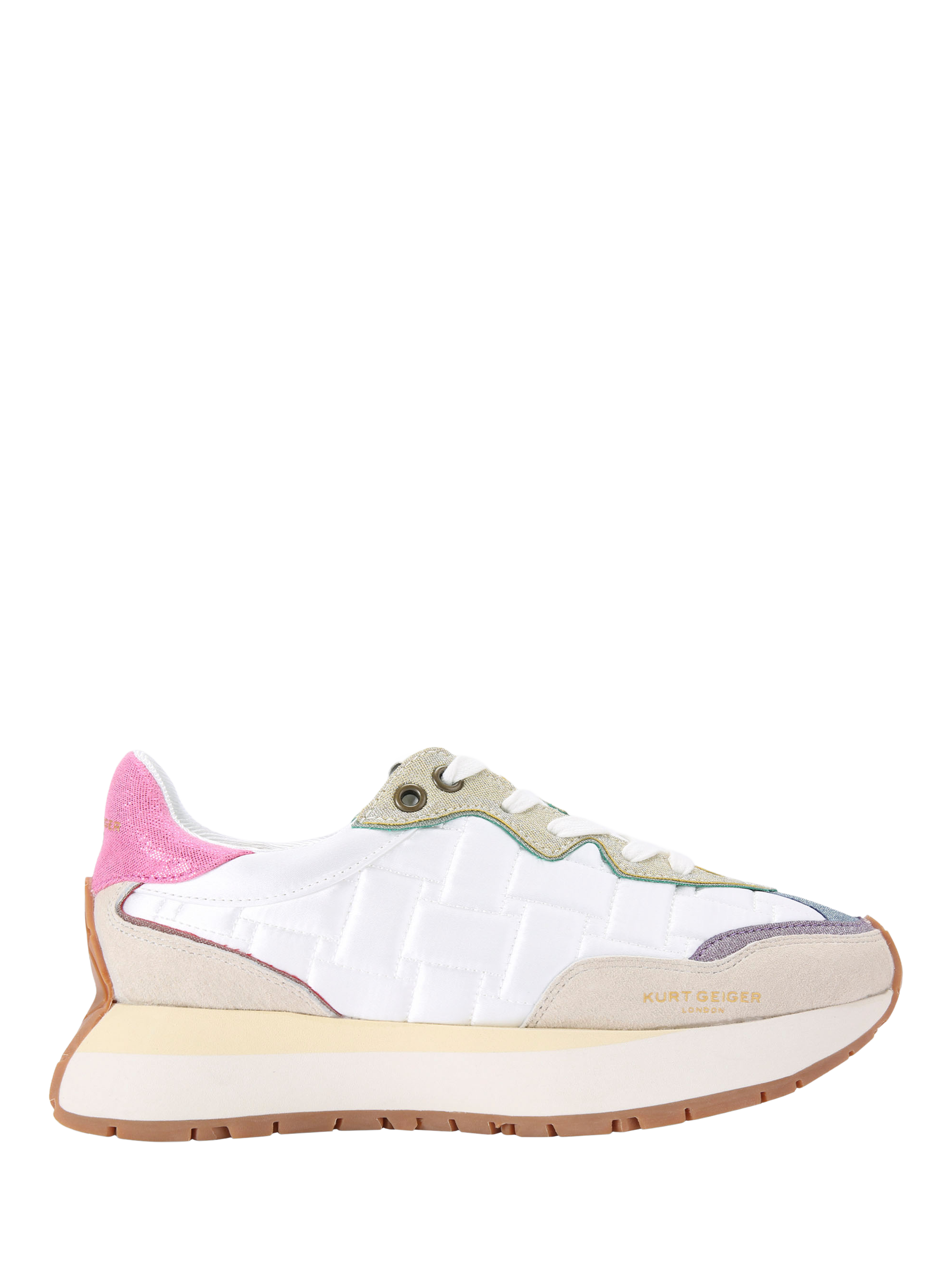 Product image 1 of 5, which shows Kurt Geiger London Nylon Quilt Trainers, White/Multi, 3