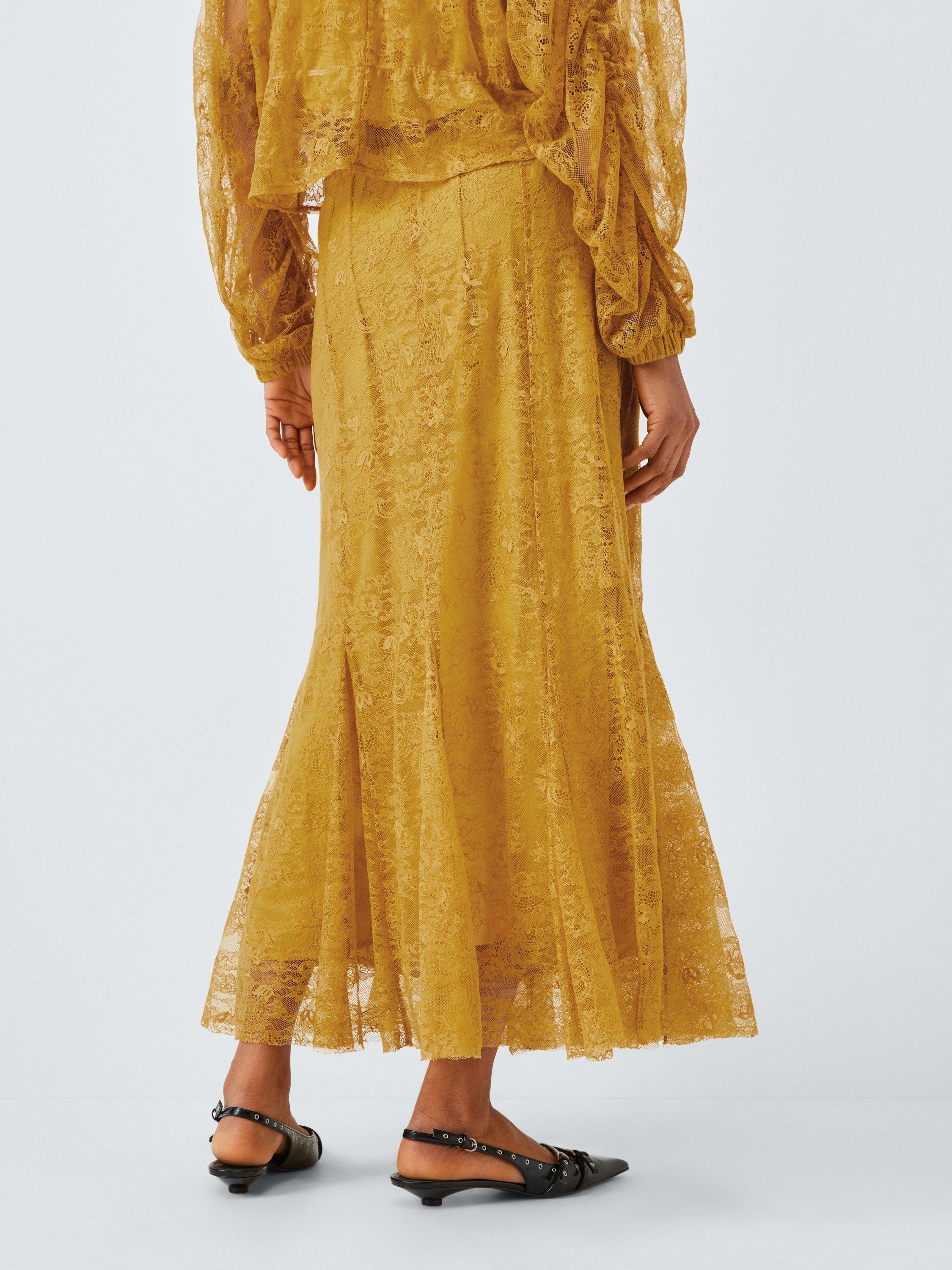 Product image 2 of 7, which shows AND/OR Lace Godet Maxi Skirt, Mustard, 6