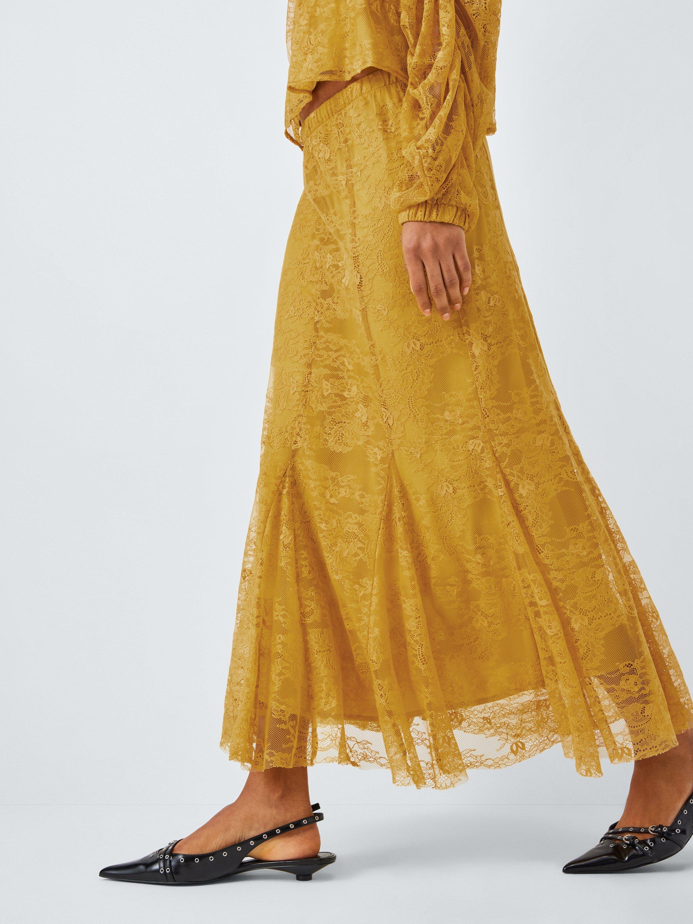Product image 6 of 7, which shows AND/OR Lace Godet Maxi Skirt, Mustard, 6