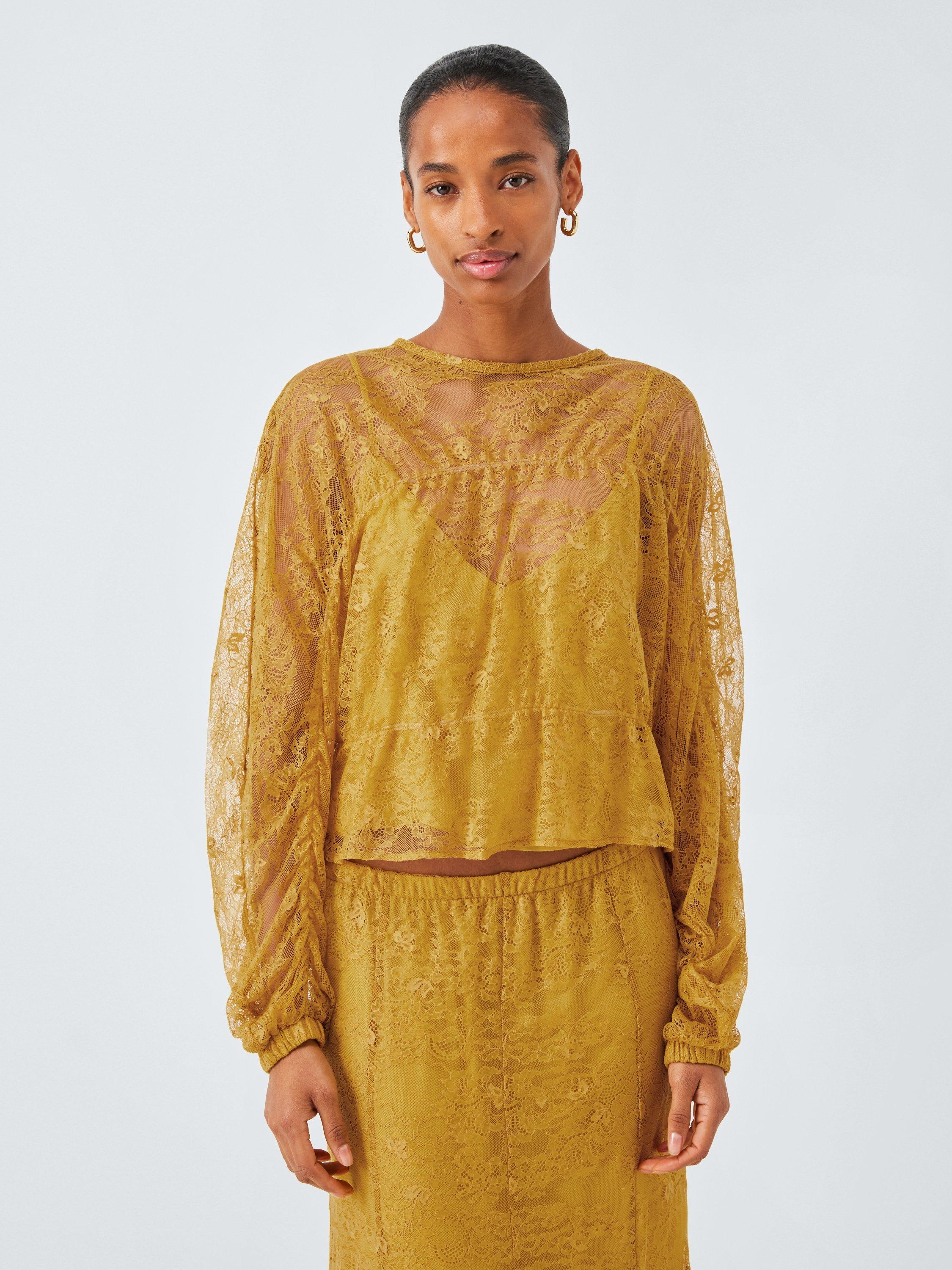 Product image 2 of 7, which shows AND/OR Lace Gathered Long Sleeve Top, Mustard, 6