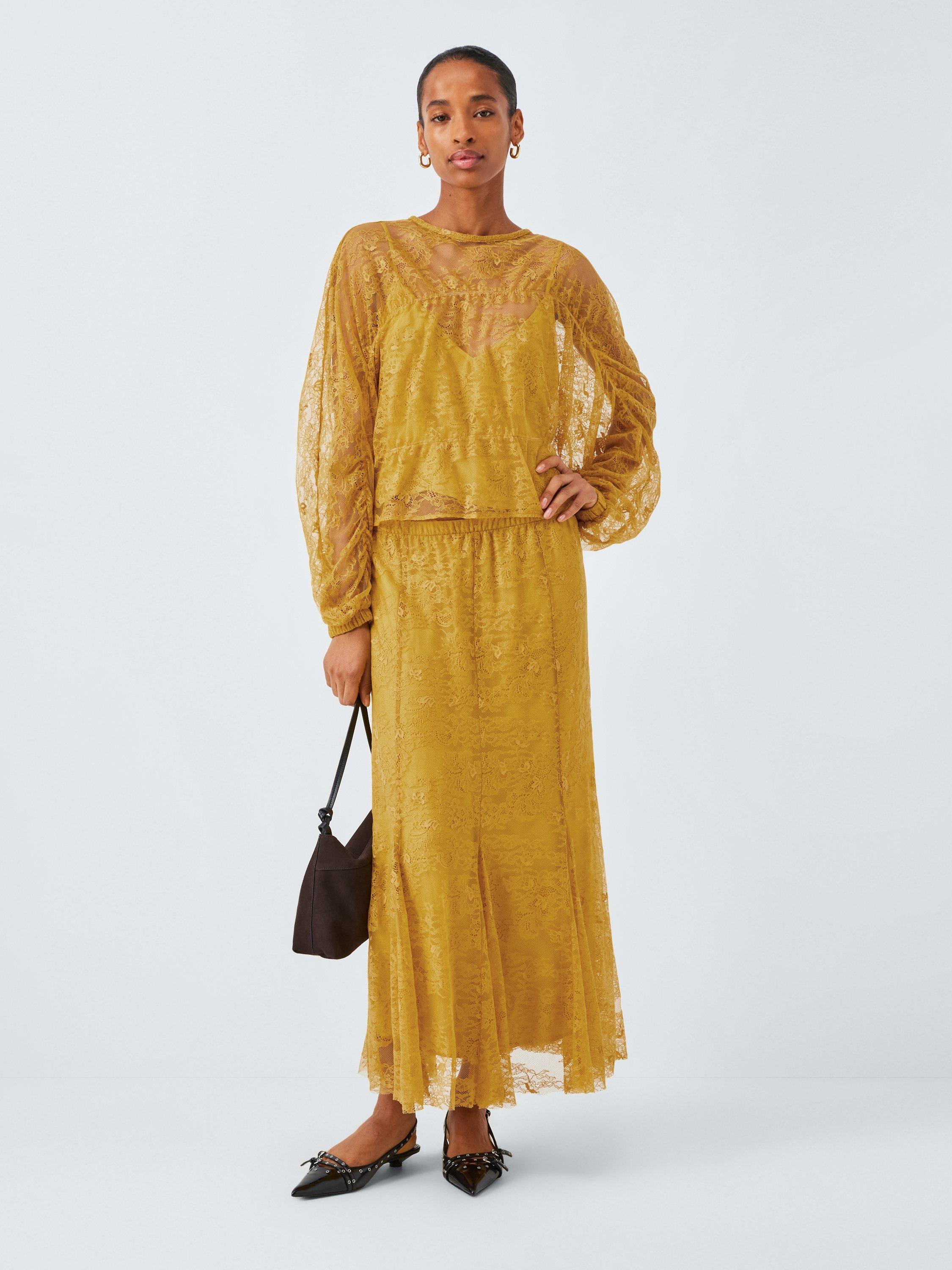 Product image 5 of 7, which shows AND/OR Lace Gathered Long Sleeve Top, Mustard, 6