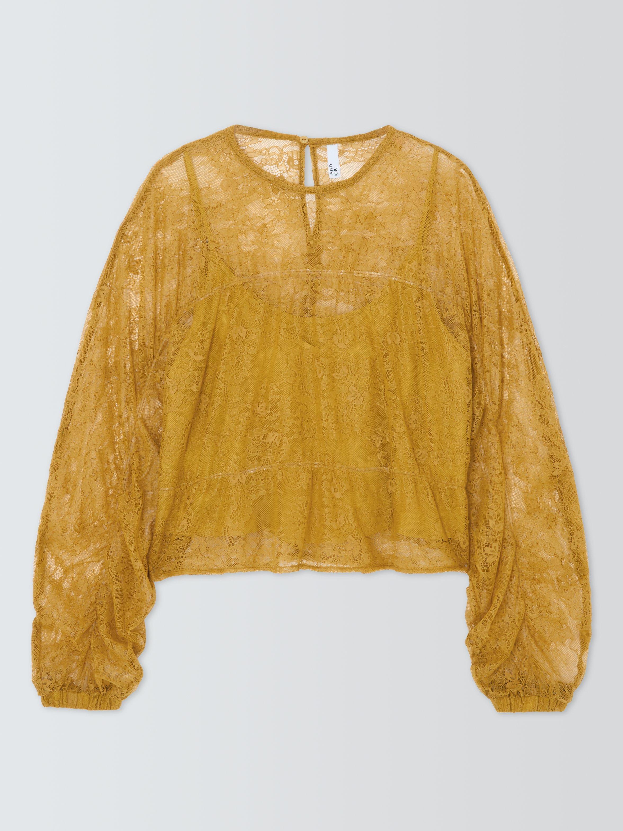 Product image 4 of 7, which shows AND/OR Lace Gathered Long Sleeve Top, Mustard, 6