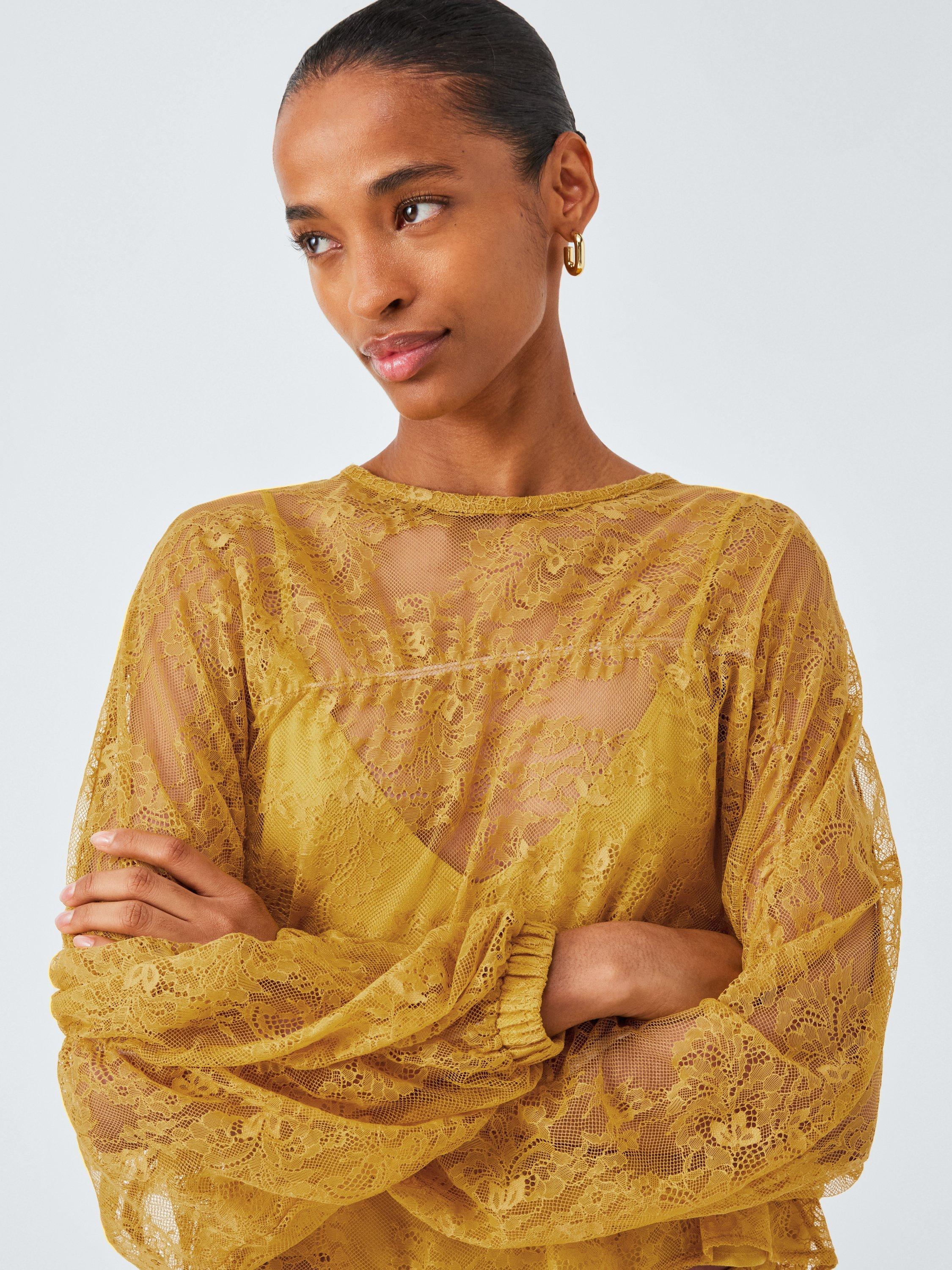 Product image 6 of 7, which shows AND/OR Lace Gathered Long Sleeve Top, Mustard, 6