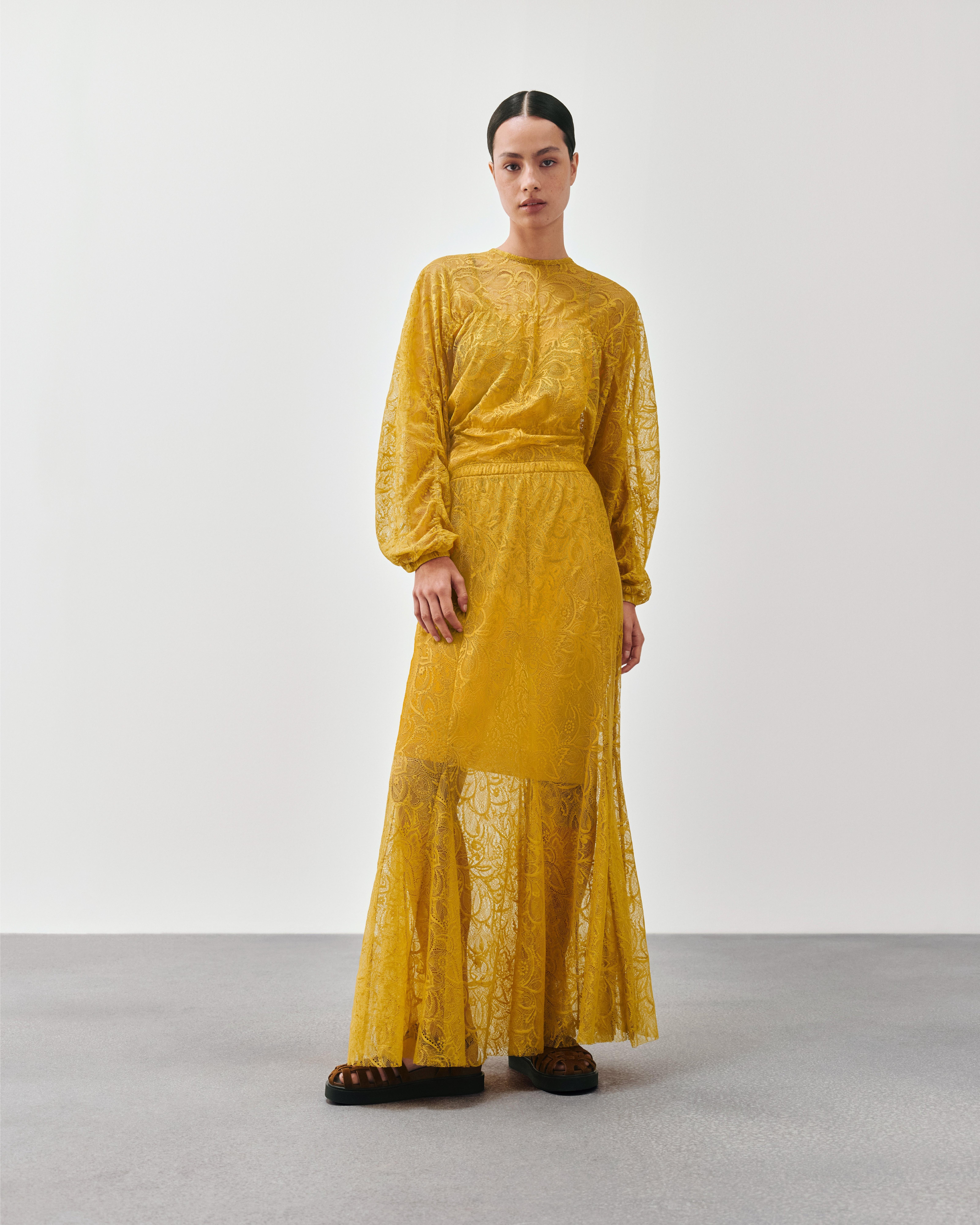 Product image 1 of 7, which shows AND/OR Lace Gathered Long Sleeve Top, Mustard, 6