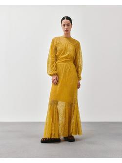 AND/OR Lace Gathered Long Sleeve Top, Mustard, Mustard