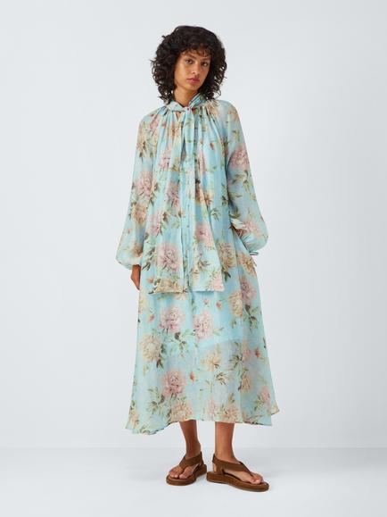 AND/OR Josie Floral Pussybow Neck Dress, Blue, Blue