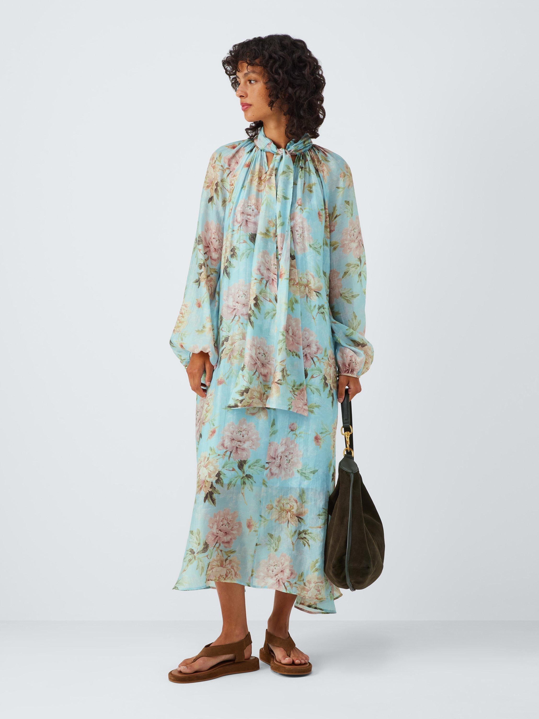 Product image 3 of 6, which shows AND/OR Josie Floral Pussybow Neck Dress, Blue, 6