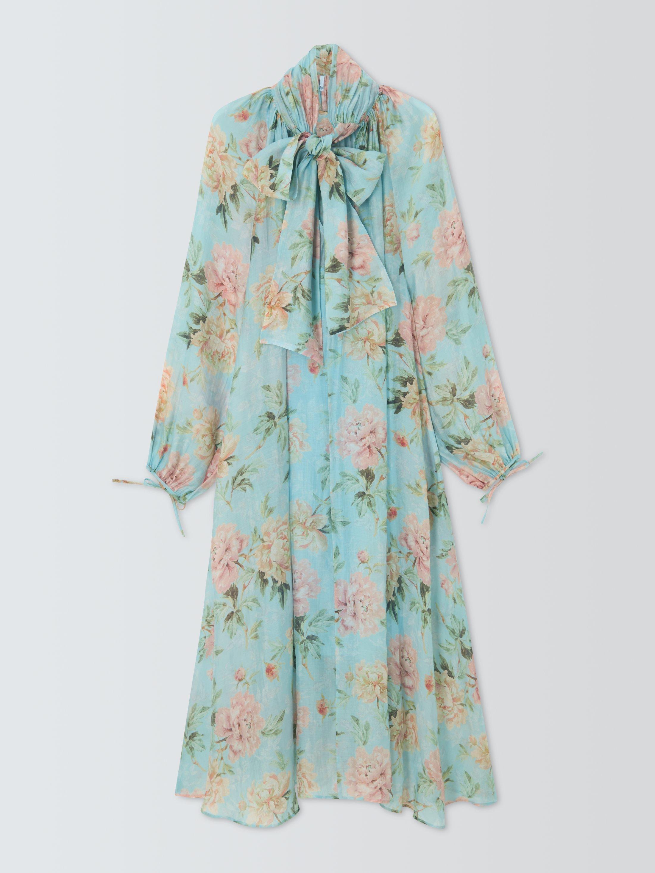 Product image 4 of 6, which shows AND/OR Josie Floral Pussybow Neck Dress, Blue, 6