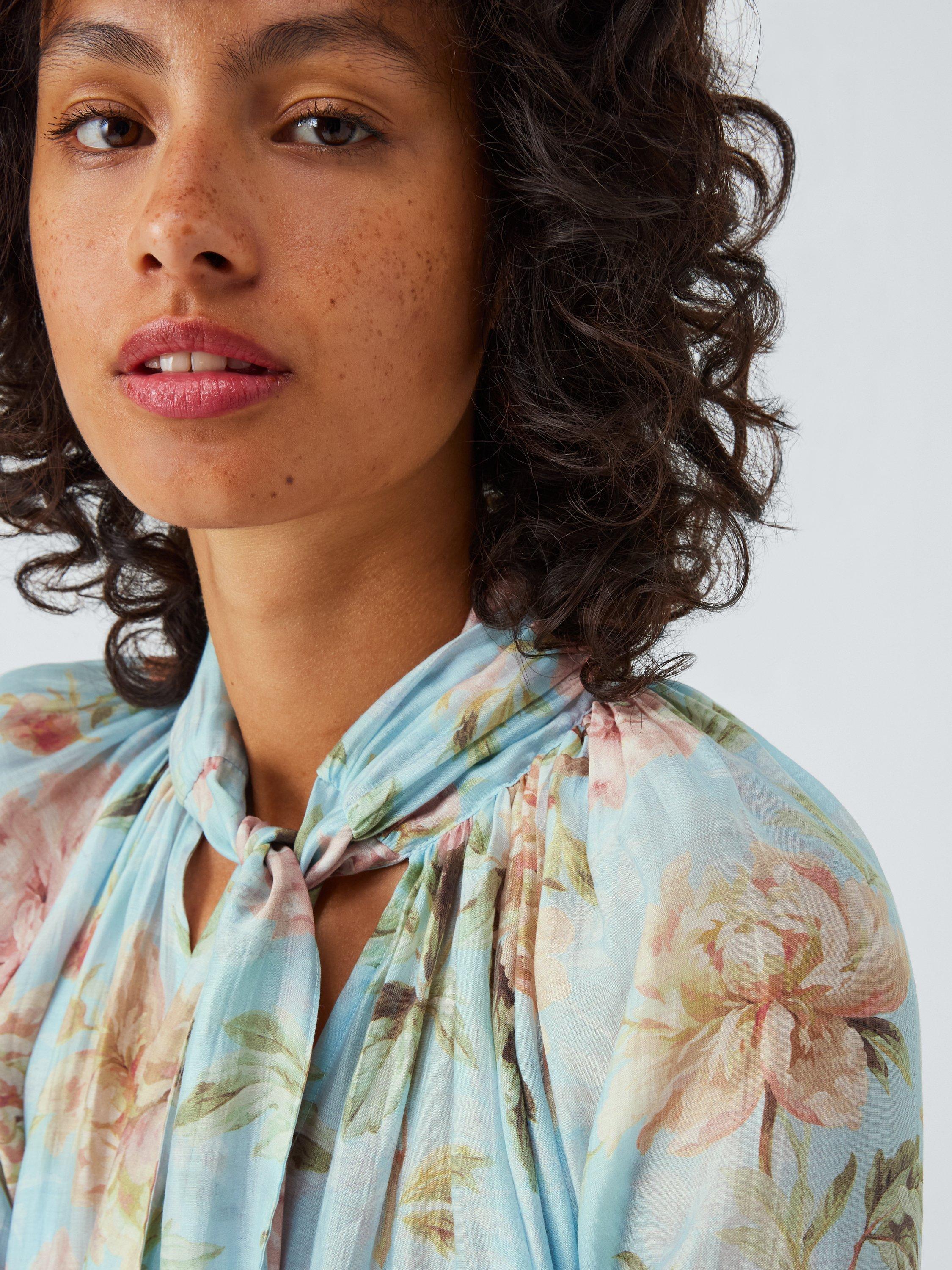 Product image 6 of 6, which shows AND/OR Josie Floral Pussybow Neck Dress, Blue, 6