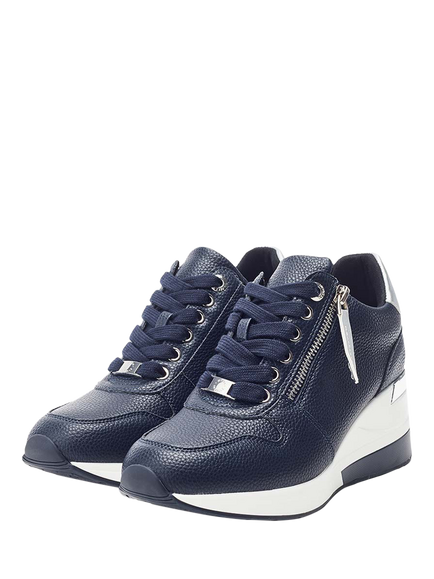 Moda in Pelle Caspia Leather Wedge Chunky Trainers - view 2, Navy