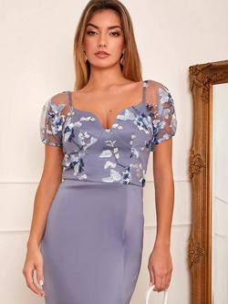 Chi Chi London Embroidered Bodice Bodycon Dress, Slate Blue/Multi - view 2, Slate Blue/Multi