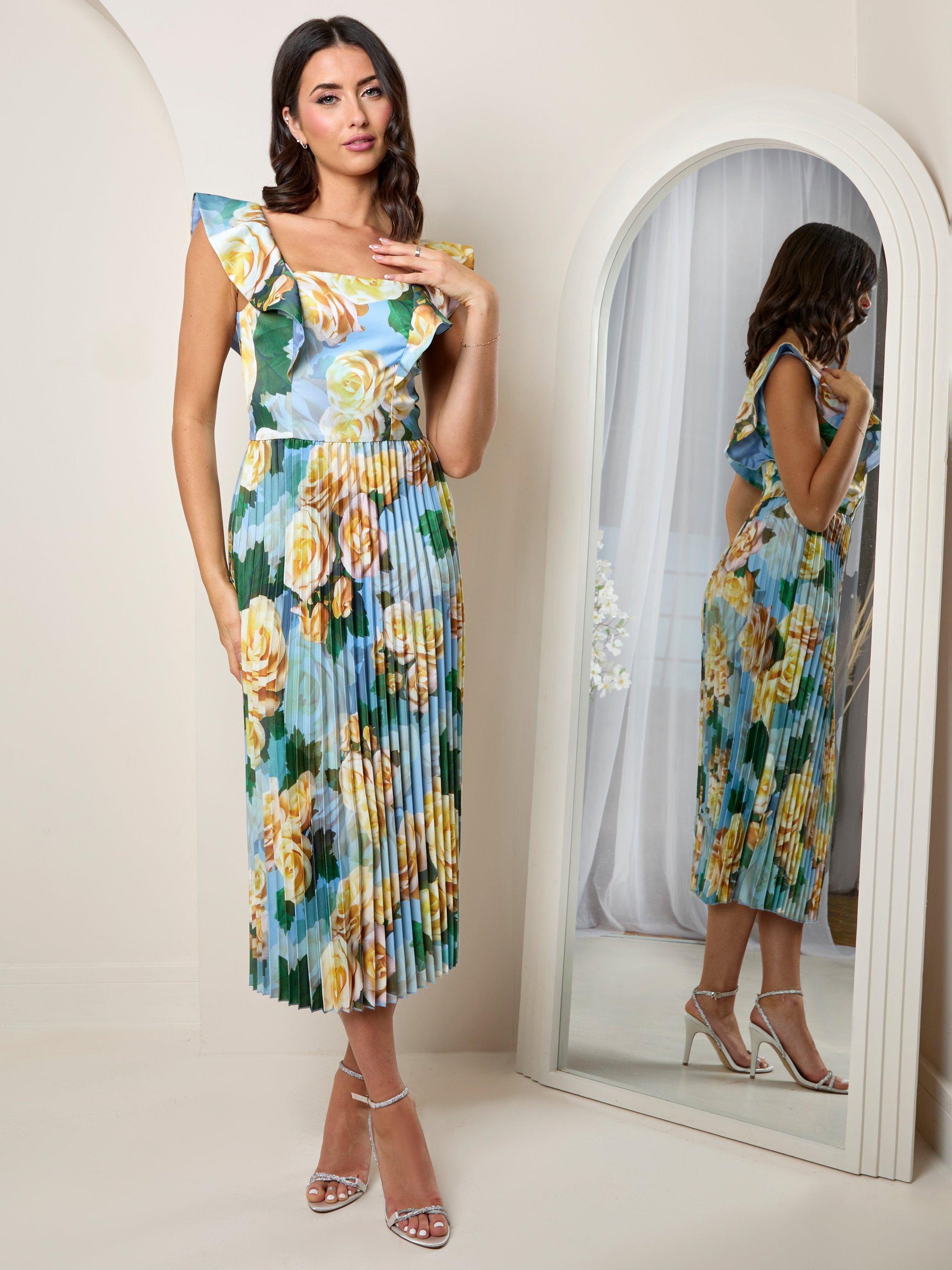 Product image 1 of 3, which shows Chi Chi London Floral Pleated Skirt Dress, Blue, 6