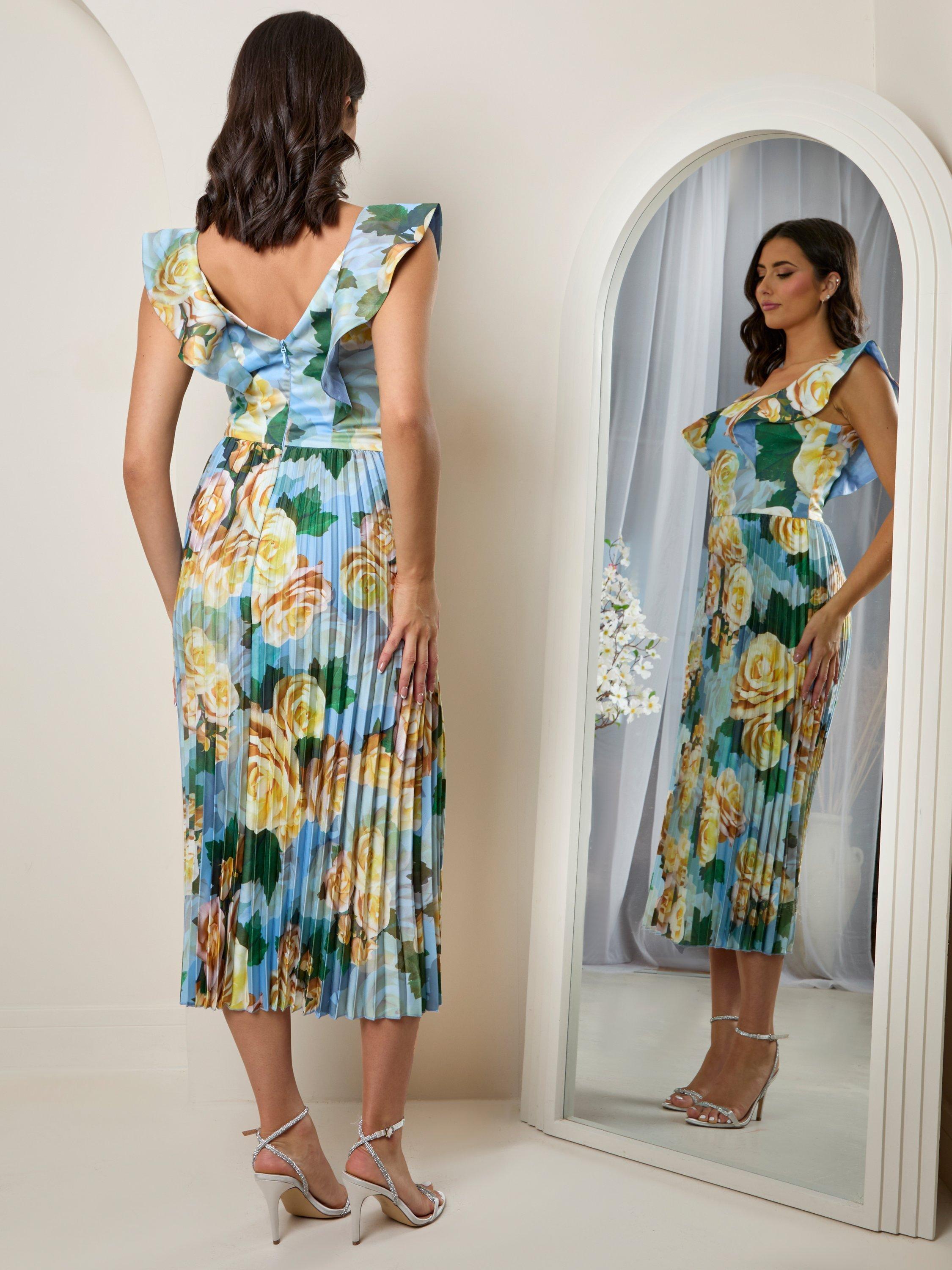 Product image 3 of 3, which shows Chi Chi London Floral Pleated Skirt Dress, Blue, 6
