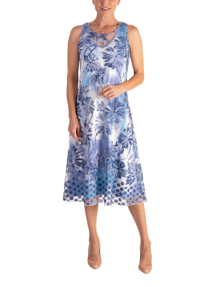 chesca Floral Burnout Dress, White/Blue, White/Blue