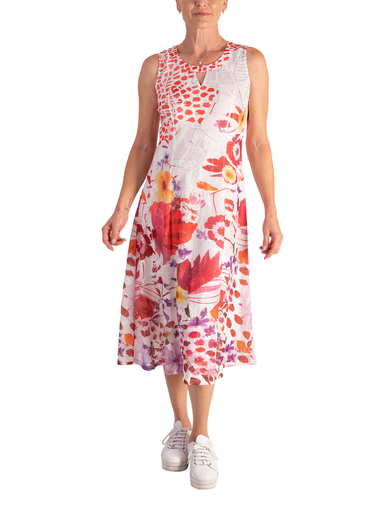 Product image 1 of 6, which shows chesca Tropical Floral Cut Out Neck Dress, White/Red, 10-12