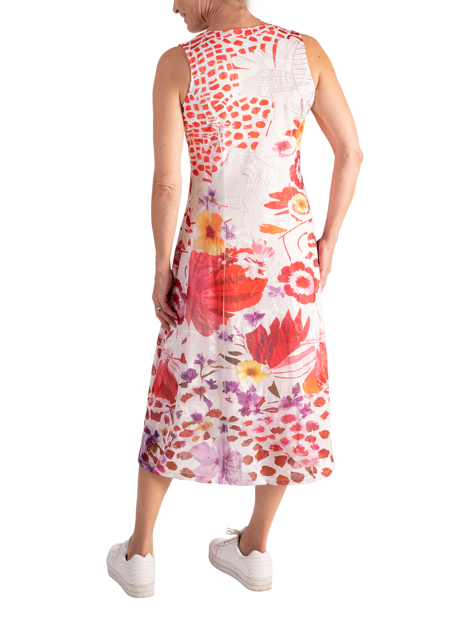 Product image 2 of 6, which shows chesca Tropical Floral Cut Out Neck Dress, White/Red, 10-12
