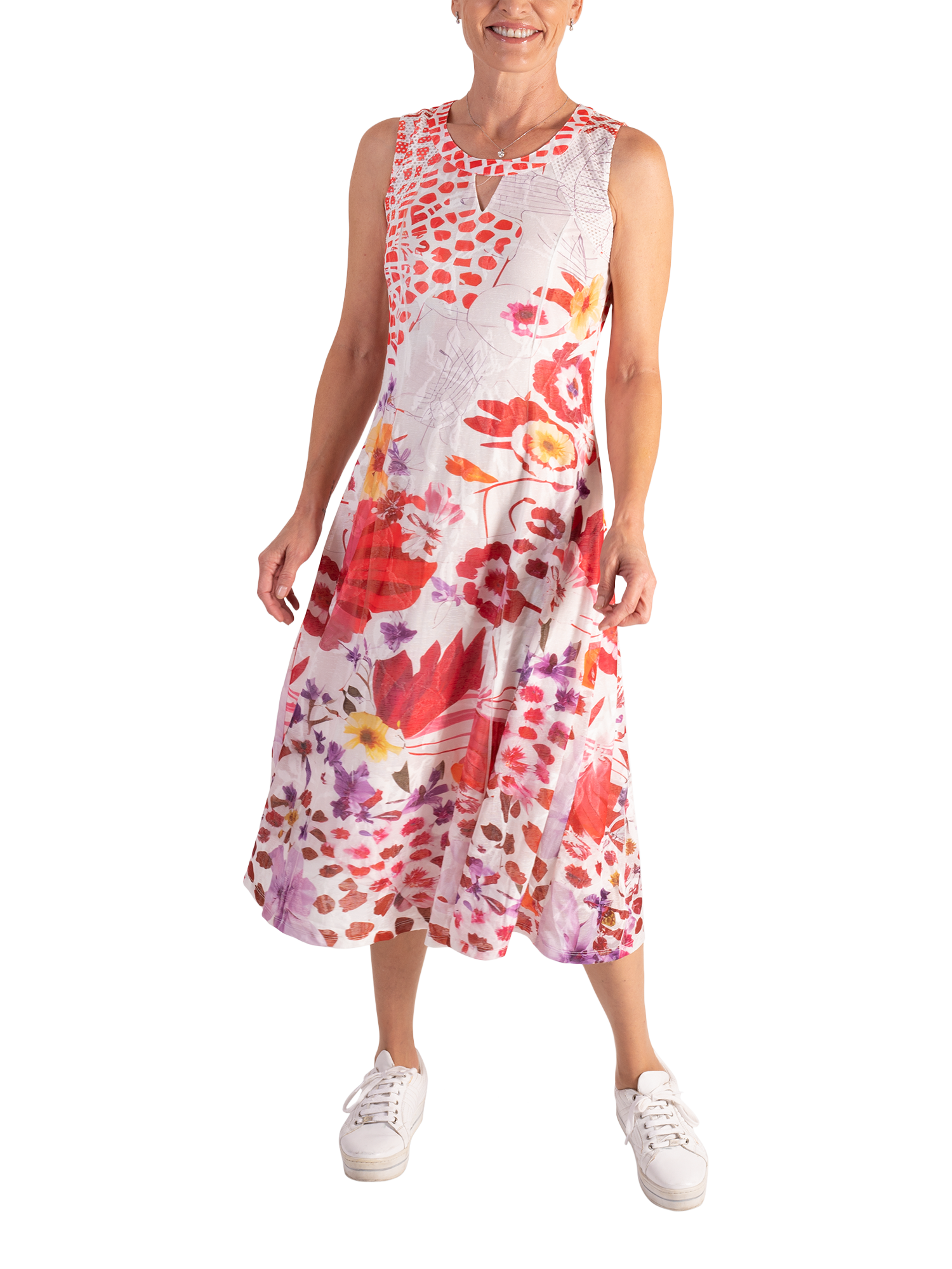 Product image 4 of 6, which shows chesca Tropical Floral Cut Out Neck Dress, White/Red, 10-12